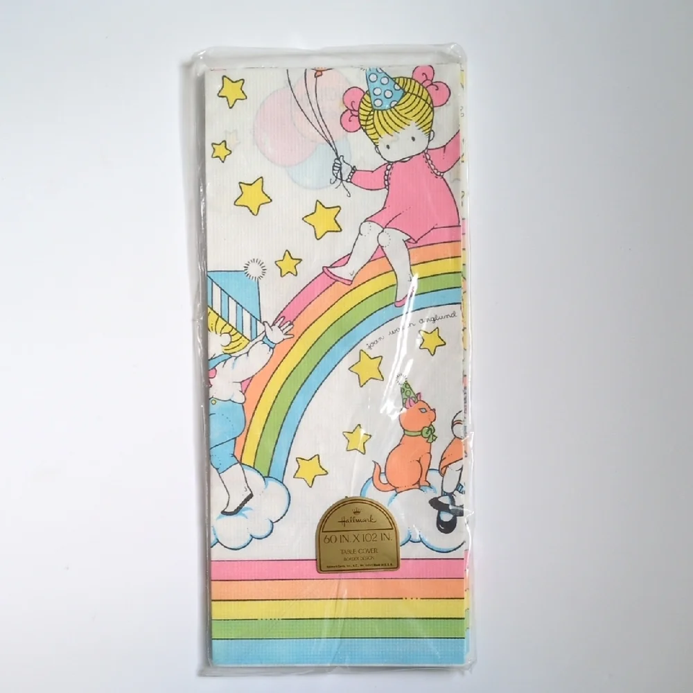 Vintage 80s Hallmark Rainbow Cat Birthday‎ Party Tablecloth Joan Walsh Angulnd